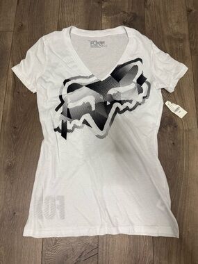 Fox White V-Neck Tee with Black Striped Logo